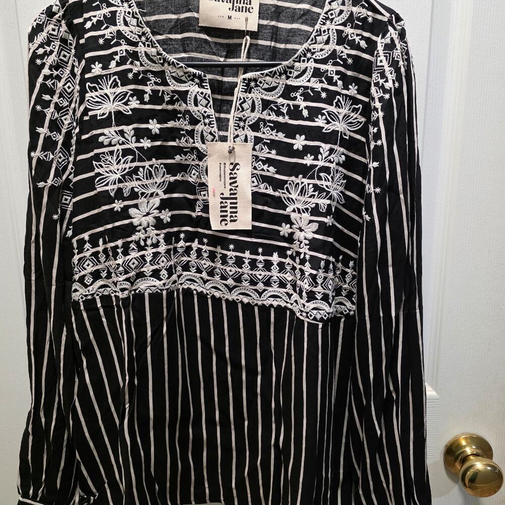 ​Savana Jane Embroidered Striped Boho Blouse Black White Medium NWT